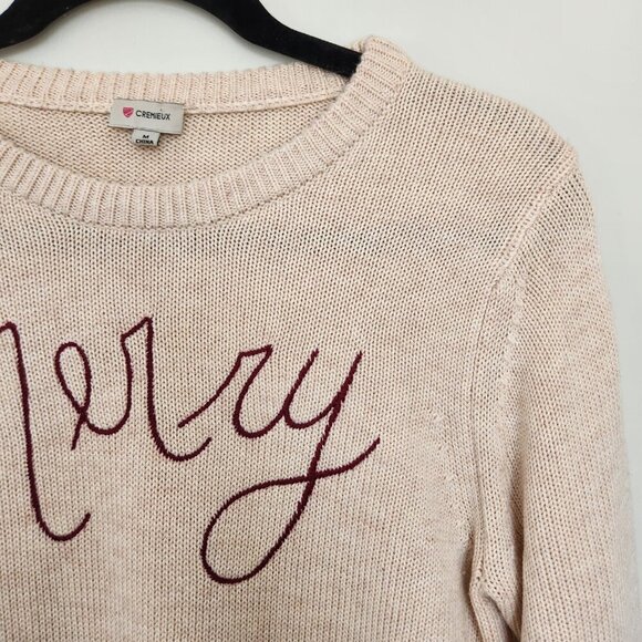 Minimalist 'Merry' Christmas Sweater Cream Red Wool Blend Crew Neck Knit - Picture 2 of 7